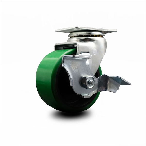 4 Inch Green Poly on Cast Iron Swivel Caster with Ball Bearing and Brake SCC